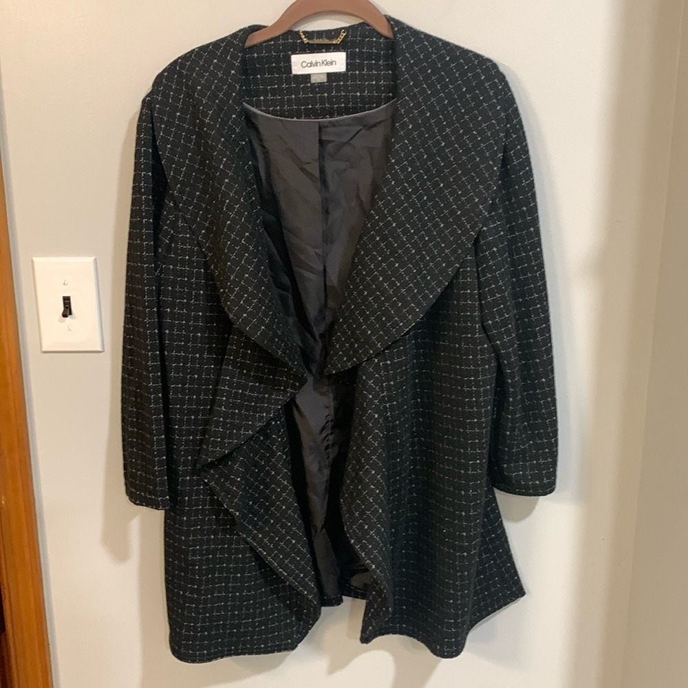 Calvin Klein Womens Black White Grid Draped Shawl Collar Open Front Jacket 12